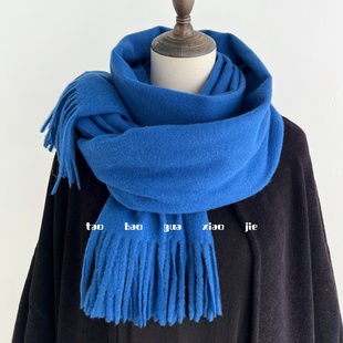 宝蓝色围巾克莱因蓝女冬季纯色保暖仿羊绒含羊毛披肩两用高级感男