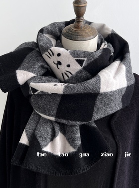 双面格纹仿羊绒可爱猫咪围巾女冬季保暖加厚格子围巾披肩两用围脖