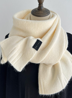 韩版保暖纯色针织毛线奶白色围巾女冬季高级感软糯纯色围脖情侣款