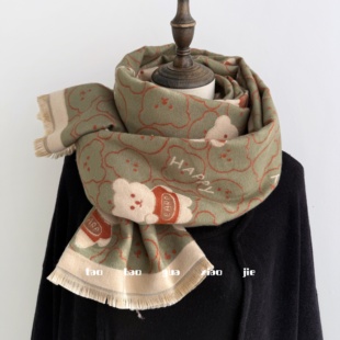 新款卡通满印小熊冬季保暖仿羊绒围巾披肩两用搭配大衣围巾时尚女