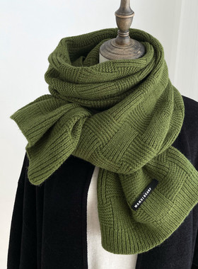 纯色墨绿色小香风格子毛线针织围巾女冬季红色格纹送男生保暖围脖