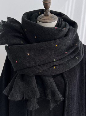 冬季加长加宽羊毛混纺围巾披肩厚实保暖冬季女复古彩色点两用围巾