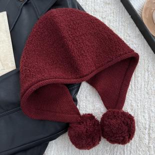 纯羊毛100%wool针织冬季毛球球小红帽巴拉克法帽女显脸小护耳帽子
