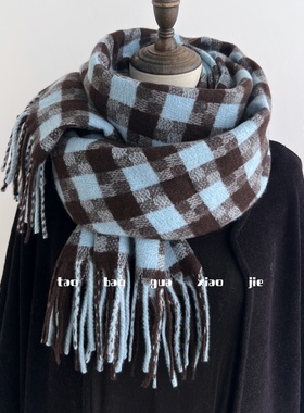 韩版新款蓝棕拼色格子围巾流苏女冬季保暖加厚围脖女披肩学生潮