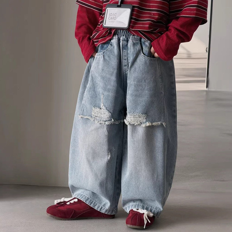 童装男童牛仔裤春新款儿童裤子韩版破洞假两件宝宝长裤子