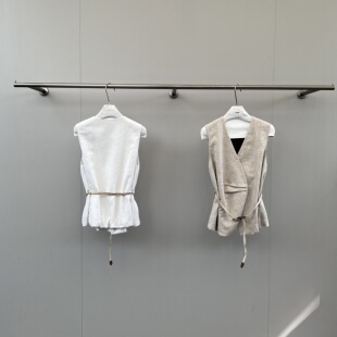 258169 配腰带 质感麻混纺交叉上衣女外穿腰带无袖 马甲