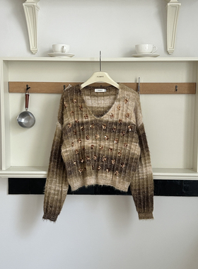 气质外穿长袖复古亮片渐变色针织衫82155