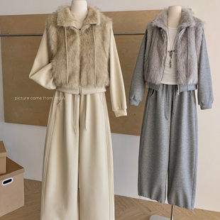 韩系慵懒环保毛套装加绒加厚拉链卫衣外套+卫衣裤套装5991