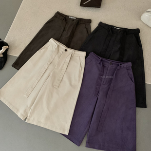 韩系简约百搭灯芯绒中裤 配腰带W6909 休闲裤