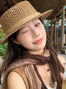 法式镂空草编平顶遮阳帽女夏季