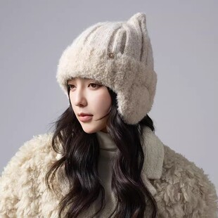 护耳套头毛线帽子冬天可爱甜美双角保暖帽加绒防寒女显脸小毛绒帽