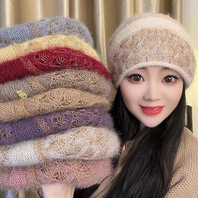 秋冬新款双层针织镂空加厚保暖帽