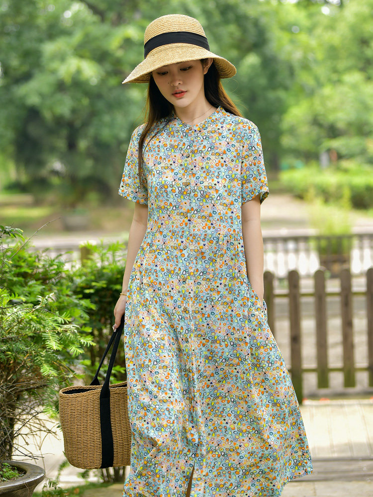 棉绸连衣裙女夏时尚碎花人造棉绵绸显气质宽松胖mm中长款开衫裙子