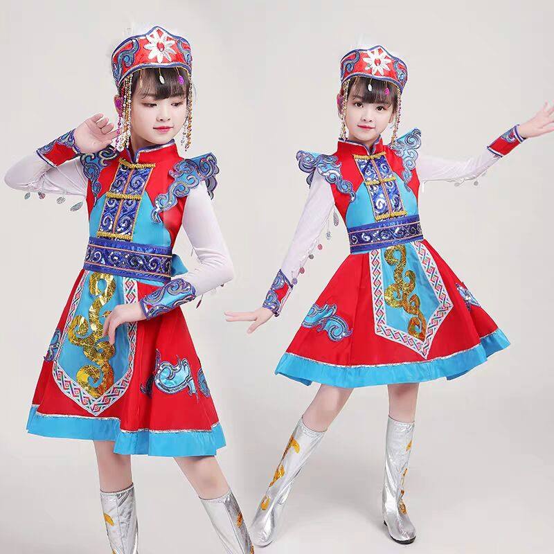 女童蒙古服装儿童蒙族舞蹈裙少数民族演出服幼儿园蒙古袍表演服