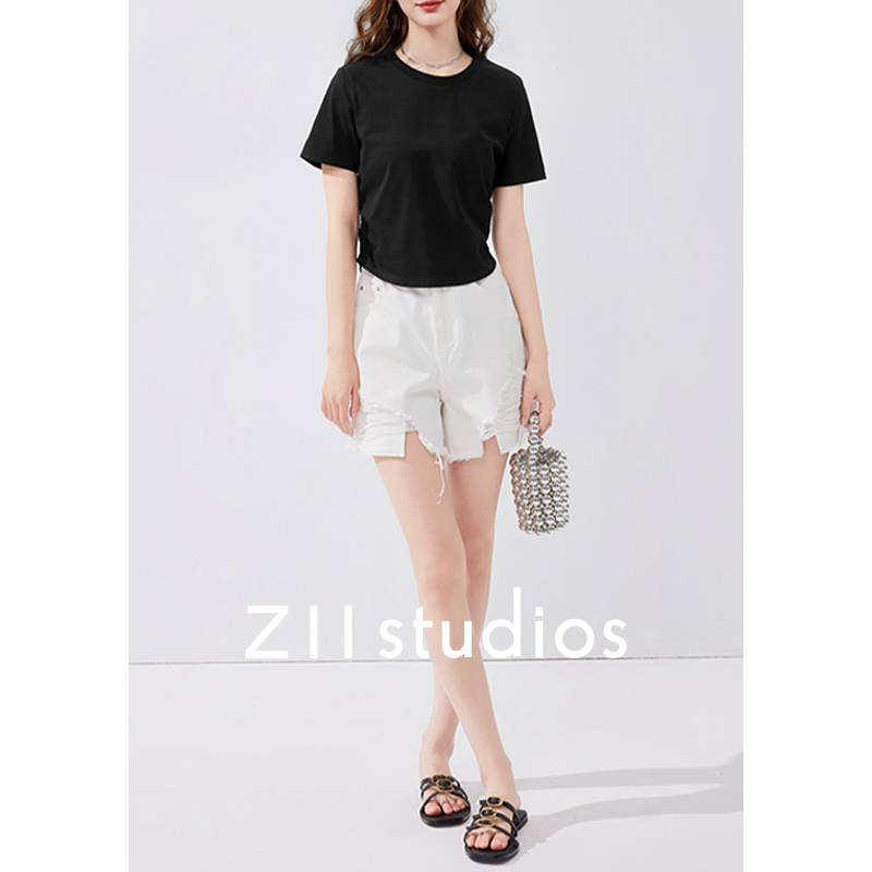 Z11 studio 2024新款T恤女短袖纯色修身圆领短款上衣女内搭打底衫