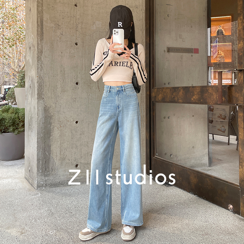 Z11 studios夏季薄款牛仔裤女士浅蓝色复古高腰垂感阔腿宽松裤子-封面