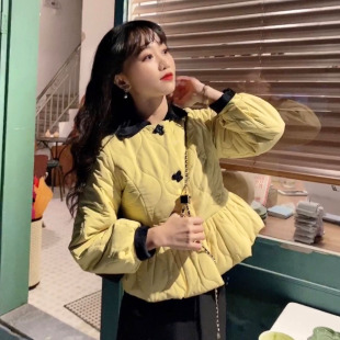 鲸鱼原创自制复古丝绒娃娃翻领黄色夹棉短外套高腰修身棉衣套装女