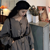 鲸鱼原创自制复古气质花瓣领格子风衣宽松收腰带双面穿中长款 外套