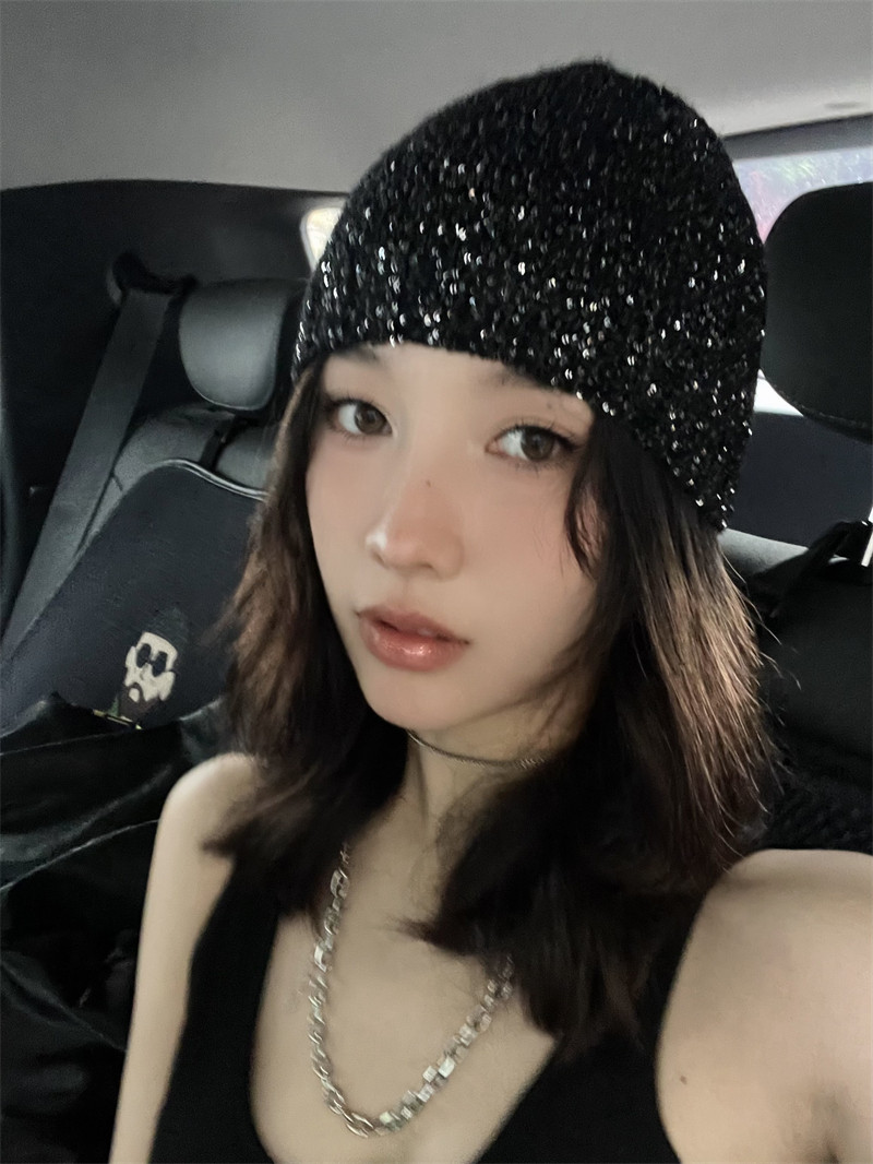 逛街毛线帽女亮片包头帽秋冬季