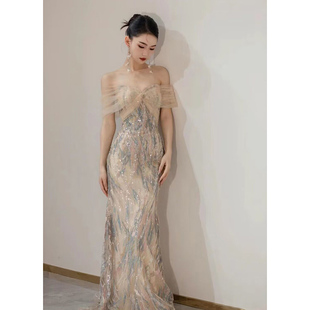 一字肩晚礼服女2025新款轻奢高级感宴会气质设计感小众晚宴礼服裙