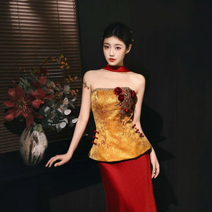 新中式晨袍女新娘晨拍晚礼服高端抹胸红色敬酒服高级感订婚鱼尾裙