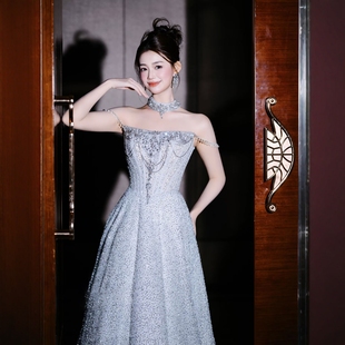 重工一字肩晚礼服女2025新款宴会高级感敬酒服闪亮成人礼订婚长裙