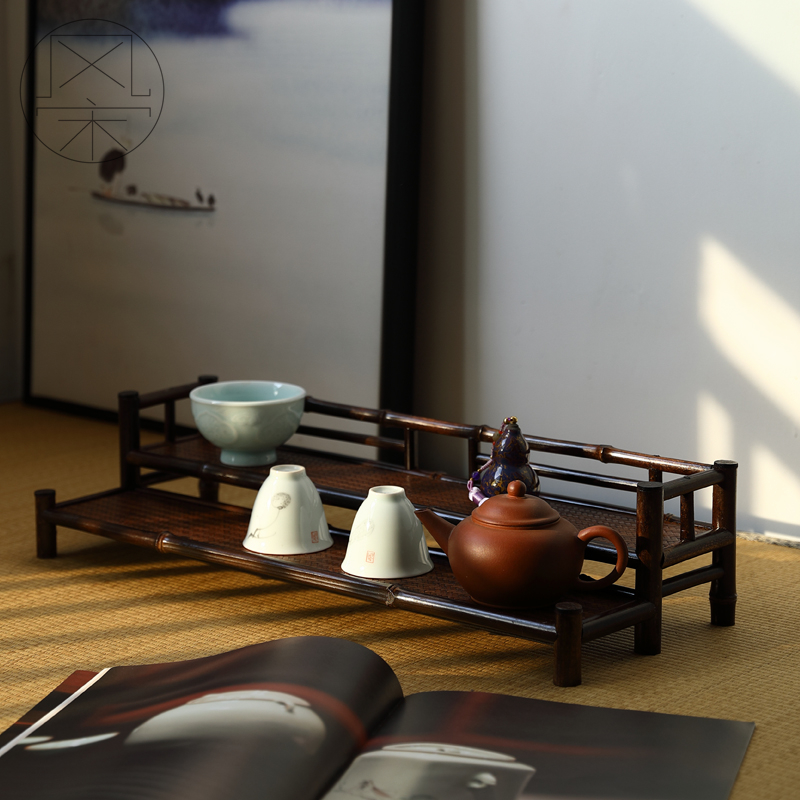 复古竹制双层紫砂壶收纳架子茶室桌面整理置物定制原竹风茶杯架
