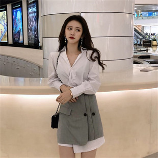 24春装chic下衣失踪露锁骨白衬衫不规则伴侣裙A字裙两件套套装女