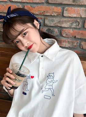韩国东大门夏装ulzzang卡通猫咪印花翻领宽松短袖T恤纯棉衬衫女