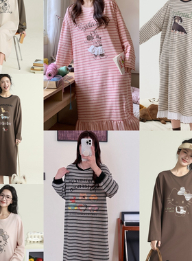 宅公主睡裙女2025秋季新款圆领轻羽棉长袖中裙可爱大码睡衣可外穿