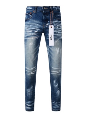 欧美潮牌PUR春季新款蓝色猫须磨白泼墨涂鸦弹力修身小脚牛仔裤男