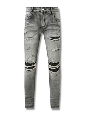 高街潮牌AMR新款烟灰色拼皮补丁破洞牛仔裤男弹力修身显瘦小脚裤