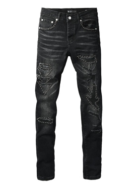 PUR JEANS 美式潮牌新款黑灰色水洗铆钉破坏补丁修身小脚牛仔裤男