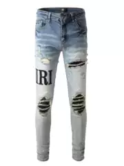 Amr Jeans American High Street Fashion Brand Light-Colored Distressed Washed Logo Patch Ripped Patchwork Slim-Fit Jeans