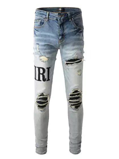 Amr Jeans American High Street Fashion Brand Light-Colored Distressed Washed Logo Patch Ripped Patchwork Slim-Fit Jeans
