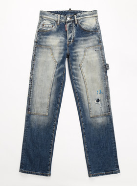 D2 JEANS欧洲站潮牌新款蓝色复古做旧工装大口袋直筒宽松牛仔裤男