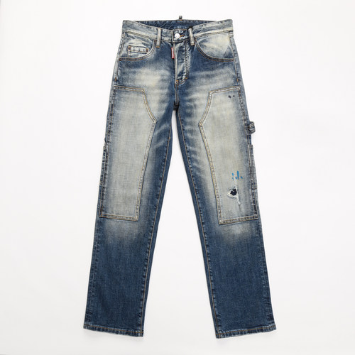 D2 JEANS欧洲站潮牌新款蓝色复古做旧工装大口袋直筒宽松牛仔裤男
