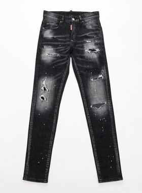 D2 JEANS美式潮牌新款黑灰色磨白水洗破坏补丁泼墨修身牛仔裤男裤