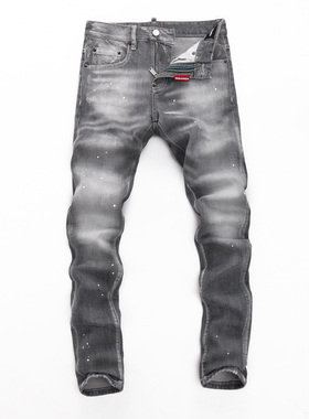 D2 JEANS美式潮牌新款烟灰色水洗磨白漆点泼墨涂鸦弹力修身牛仔裤