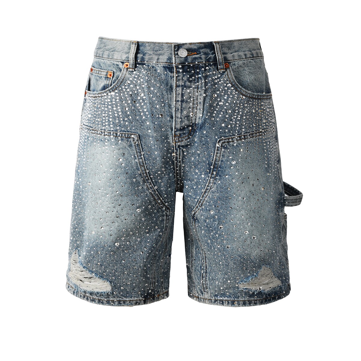 PUR JEANS 美式潮牌新款复古做旧满天星烫钻工装宽松直筒牛仔短裤