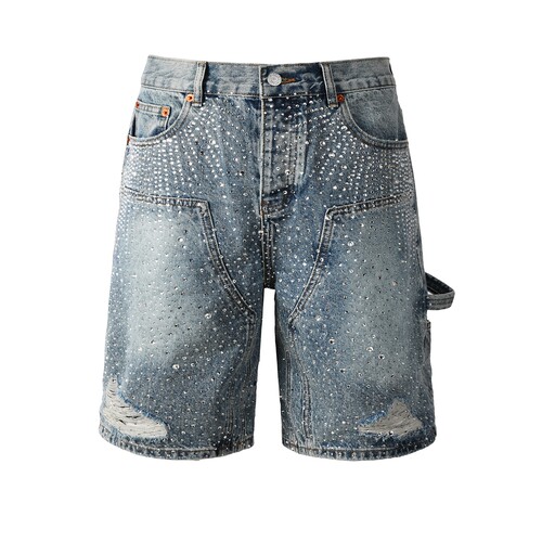 PUR JEANS 美式潮牌新款复古做旧满天星烫钻工装宽松直筒牛仔短裤