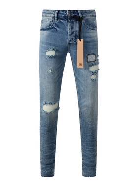 美式潮牌KSU新款蓝色水洗牛仔裤刀割破洞弹力修身显瘦小脚裤长裤