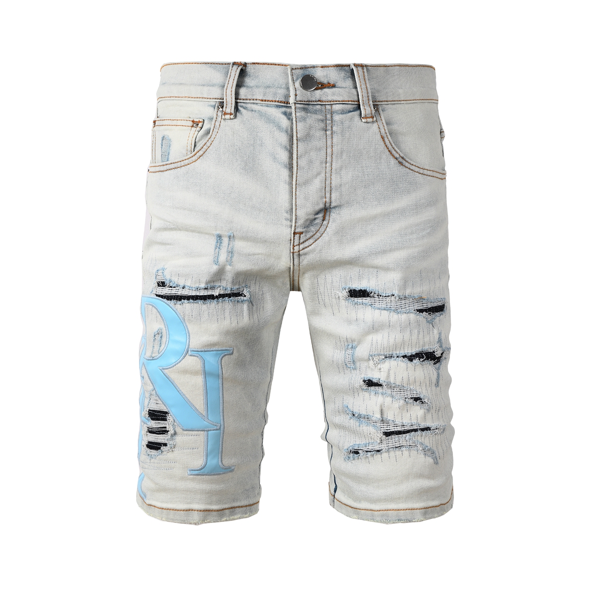 AMR JEANS 美式高街潮牌夏季新款磨白LOGO刺绣破坏修身牛仔短裤男