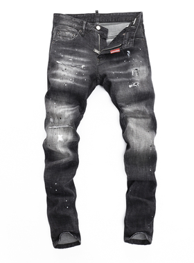 D2 JEANS新款美式潮牌烟灰色水洗漆点泼墨涂鸦刮痕磨白修身牛仔裤