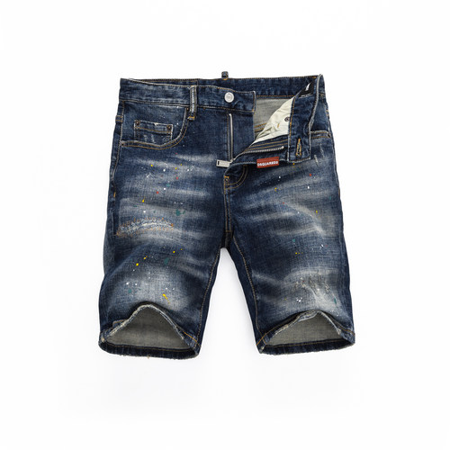 D2 JEANS 美式潮牌夏季新款蓝色磨白水洗枫叶刺绣修身牛仔短裤男