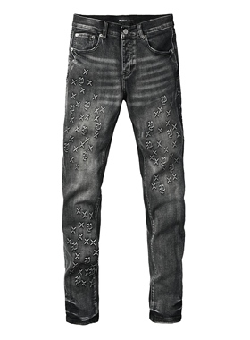 PUR JEANS 美式潮牌新款灰色磨白水洗立体图案烫印修身小脚牛仔裤