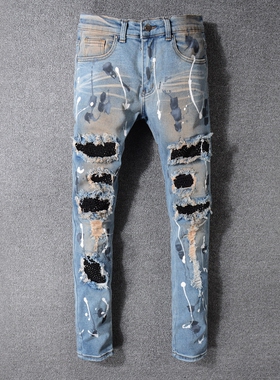 AMR JEANS 美式高街潮牌浅蓝色做旧水洗泼墨烫钻破坏补丁牛仔裤男