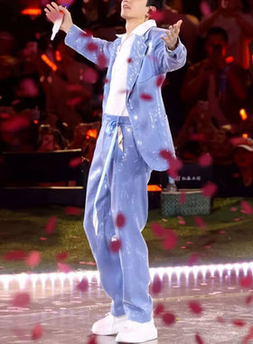 张杰明星同款亮片西装珠片绣高级西裤套装机械舞街舞团队演出服定