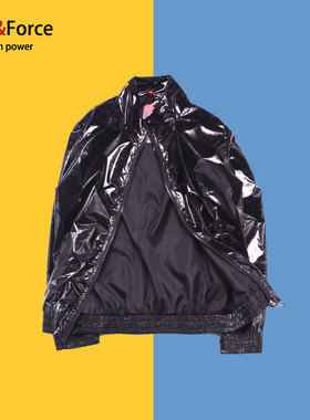 Ares＆Force男女嘻哈服演出队服潮男胖子黑亮面外套衣服大码男装