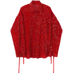 男女歌手舞蹈演出服演唱会舞台表演服潮流闪闪亮片红色反光团队定